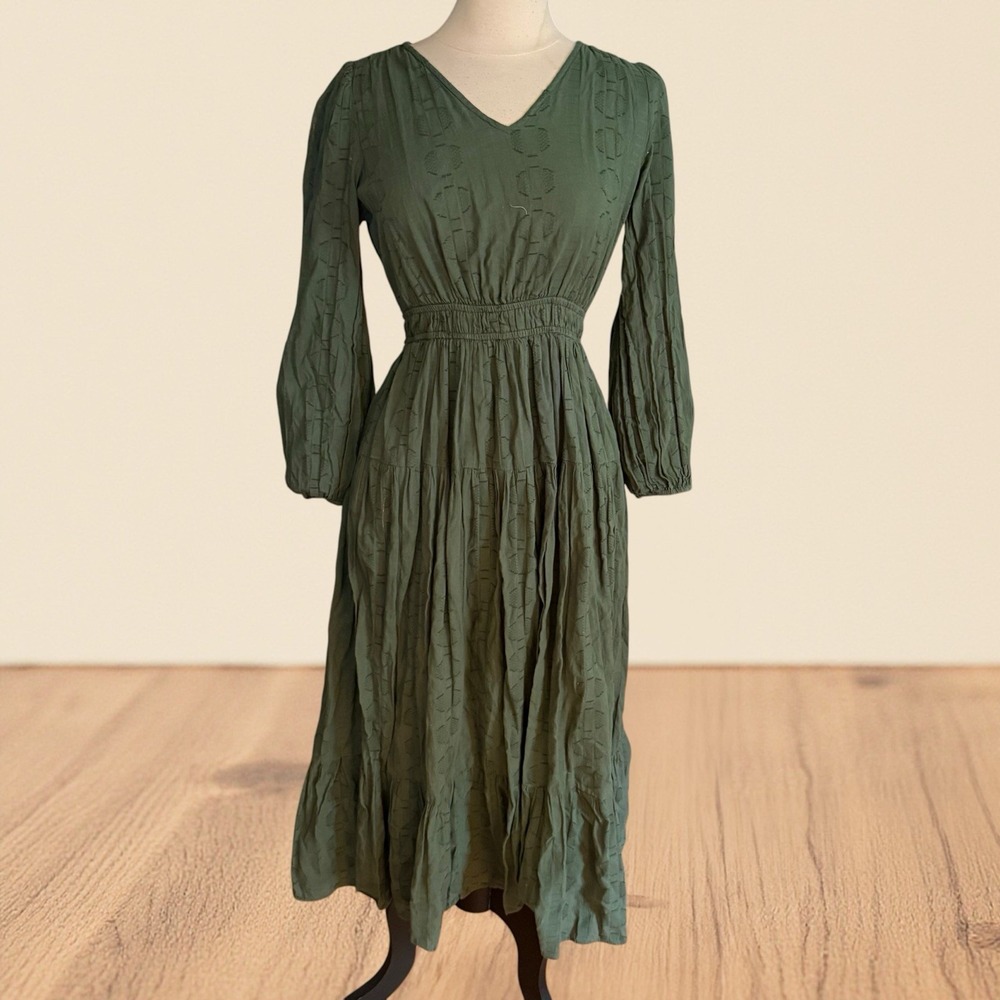Farmers Market Maxi Dress Sz S Deep Green‎ Textured Tiered Boho Lined 3/4 Sleeve